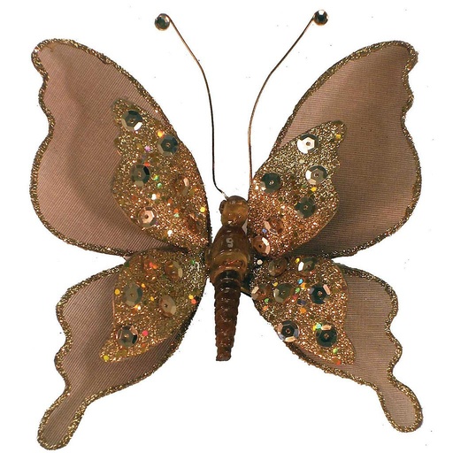 [B1472-BRN] 6" GROWN GLITTER SEQUIN BUTTERFLY WITH CLIP