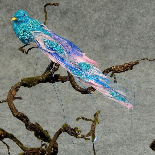 [B6606-BLU] BIRD 8.25" FANCY TAIL/GLITTER BLUE W/CLIP