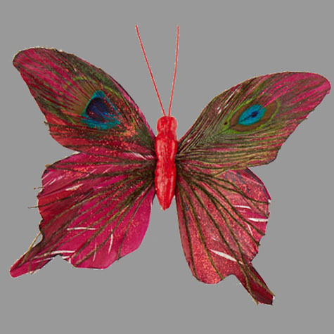 [B322405-RED] 6" BUTTERFLY W/ GLITTER AND FEATHERS ON A CLIP  RED
