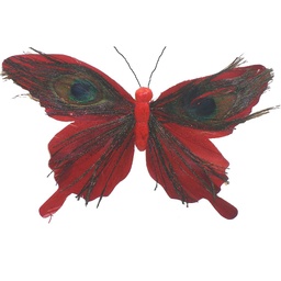 [B322405-RED-I] 6&quot; BUTTERFLY W/ GLITTER AND FEATHERS ON A CLIP  RED  (INDIVIDUAL)