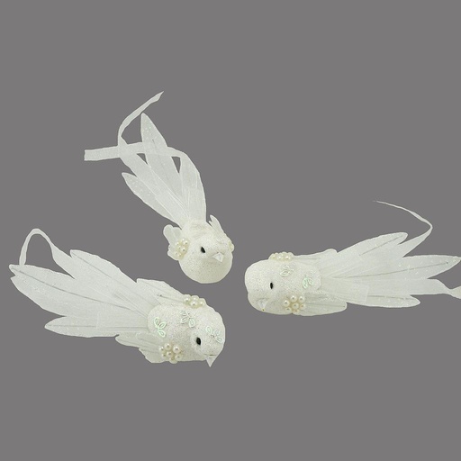 [B6665] BIRD 6.7" FANCY TAIL/GLITTER WHITE W/CLIP