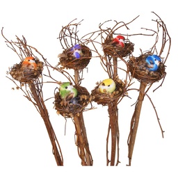 [B662] NEST WITH BIRD ON 12&quot; BRANCH 6-ASST PRIMARY COLOR MIX