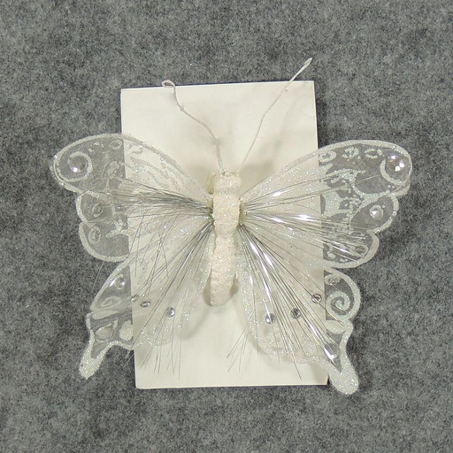 [B6656-WHT] BUTTERFLY 7" GLITTER   WHITE W/CLIP