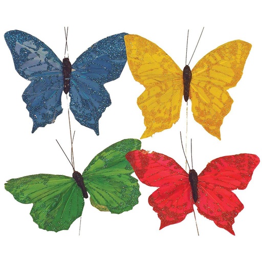 [B66670] 4" FEATHER BUTTERFLY  4 ASST  W/GLITTER