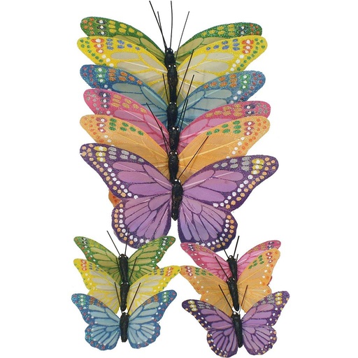 [B66762] 4.5"/2.5" FEATHERED BUTTERFLIES 6-ASST'D SPRING MONARCHS