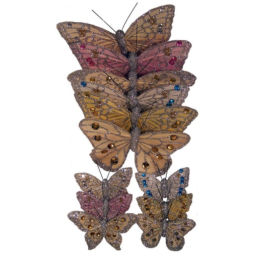 [B66843] 4.5"/2.5" FEATHERED BUTTERFLIES 6-ASST'D W/WIRE W/ GEMS