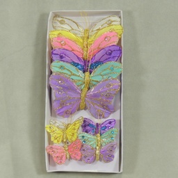 [B66844] 4.5&quot;/2.5&quot; FEATHERED BUTTERFLIES 6-ASST'D W/WIRE  PASTEL GEMS