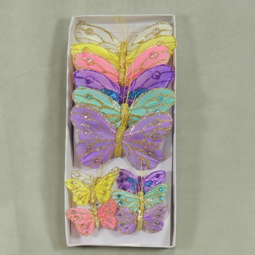 [B66844] 4.5"/2.5" FEATHERED BUTTERFLIES 6-ASST'D W/WIRE  PASTEL GEMS