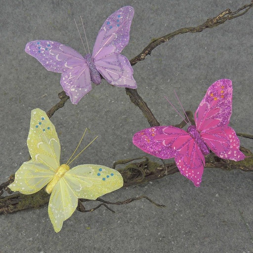 [B6686-PAS] BUTTERFLY 4.5" 3-ASST'D W/GLIT PASTEL W/ WIRE