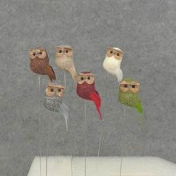 [B6750] OWL 2.5" W/WIRE BURLAP/FEATHER 6 ASST