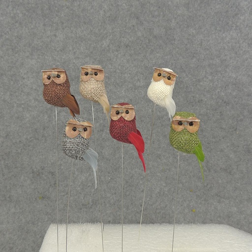 [B6750] OWL 2.5" W/WIRE BURLAP/FEATHER 6 ASST