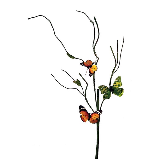 [B83084F] 20" TWIG BRANCH W/3 BUTTERFLIES 2 ORG & 1 GRN