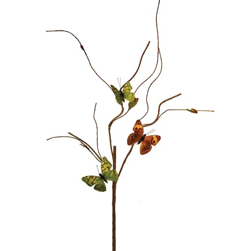 [B83084H] 20" TWIG BRANCH W/3 BUTTERFLIES 2 GRN & 1 ORG