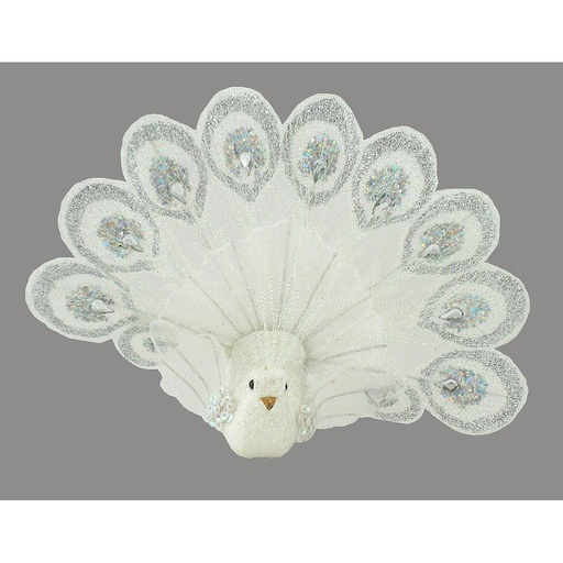 [B6654-WHT] PEACOCK 6.25" WHITE GLITTER W/CLIP