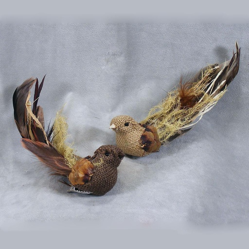 [BN301] BIRD BURLAP/FEATHER 8" NATURAL 2-ASST W/CLIP