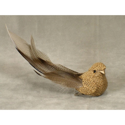 [BN304-NAT] BIRD BURLAP/FEATHER 6" NATURAL  W/CLIP  NATURAL