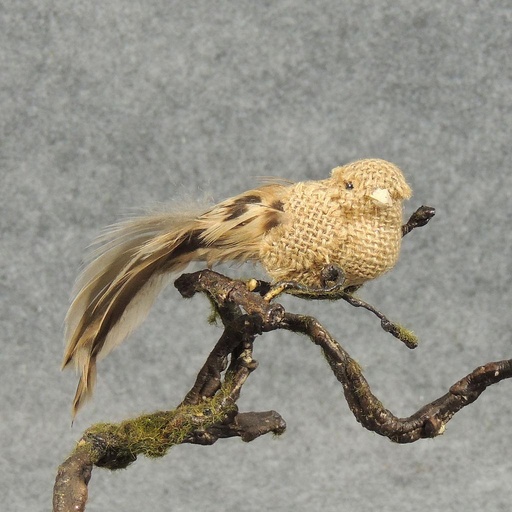 [BN305] BIRD BURLAP/FEATHER 5" NATURAL W/PICK 9"