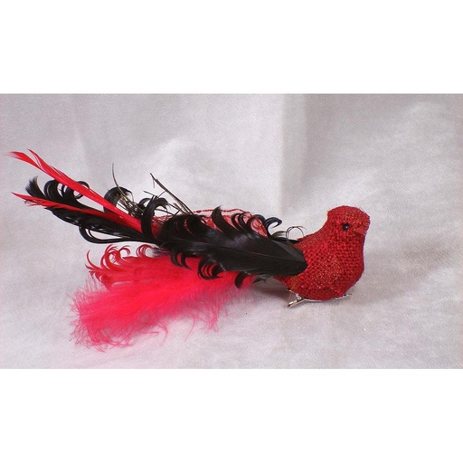 [BN312-RED] BIRD BURLAP/FEATHER/GLIT 8" RED  W/CLIP