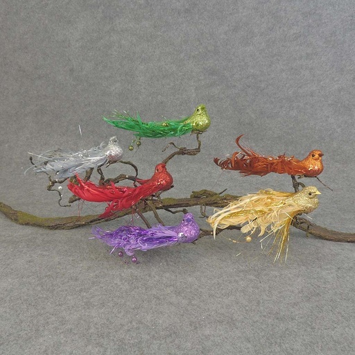 [BN509] 6" CURLY TAIL GLIT/FEA BIRD 6-ASST W/CLIP