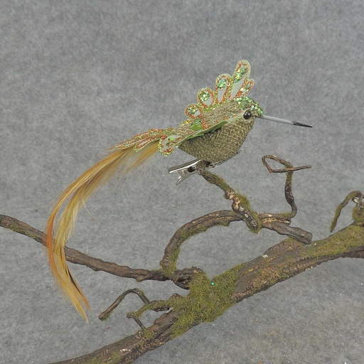 [BN5138-GRN] HUMMINGBIRD BURLAP/FEATR 6.5" W/CLIP  GREEN