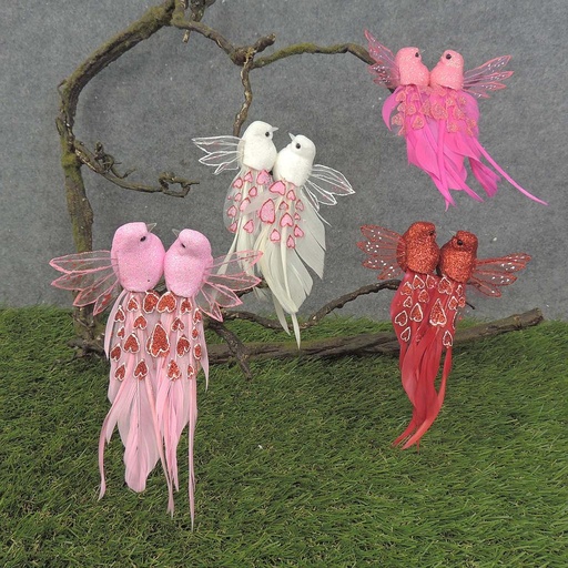 [BN7015] LOVEBIRDS 6" 4-ASST W/HEARTS GLITTER&FEATHER W/CLP