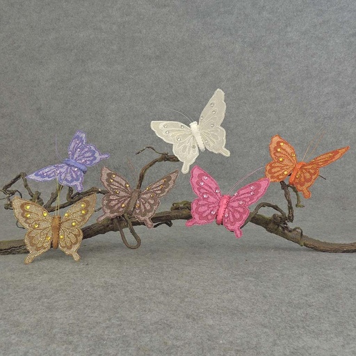 [BN510] 4.5" BURLAP BUTTERFLY W/JEWELS W/CLIP 6-ASST