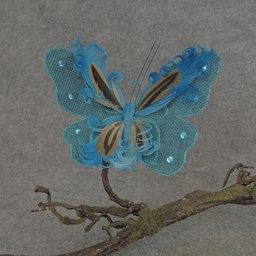 [BN5135-BLU] BUTTERFLY BURLAP/FEATHER 6.5&quot; W/CLIP  BLUE