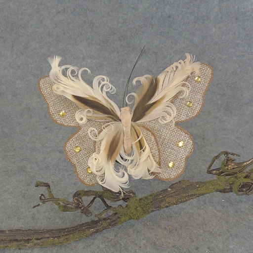 [BN5135-NAT] BUTTERFLY BURLAP/FEATHER 6.5" W/CLIP  NATURAL