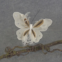 [BN5135-WHT] BUTTERFLY BURLAP/FEATHER 6.5&quot; W/CLIP  WHITE