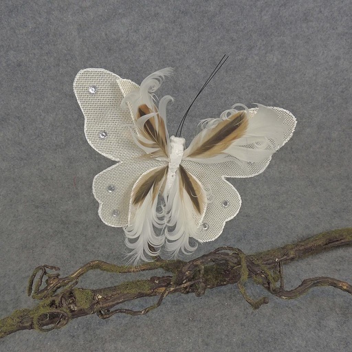 [BN5135-WHT] BUTTERFLY BURLAP/FEATHER 6.5" W/CLIP  WHITE