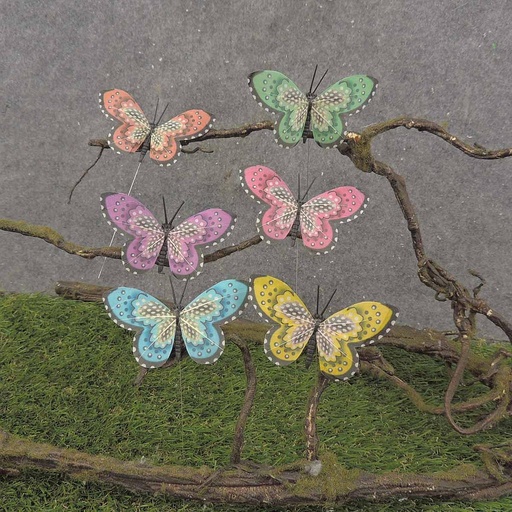 [BY9019] BUTTERFLY 3.5"  6/AST ON WIRE (SPOTTED FEATHER)