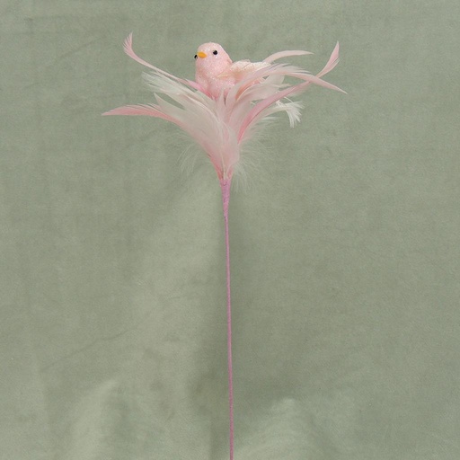 [SJ3108-PNK] BIRD 3" W/FEATHERS & PIC L.PINK 16" O.A.L