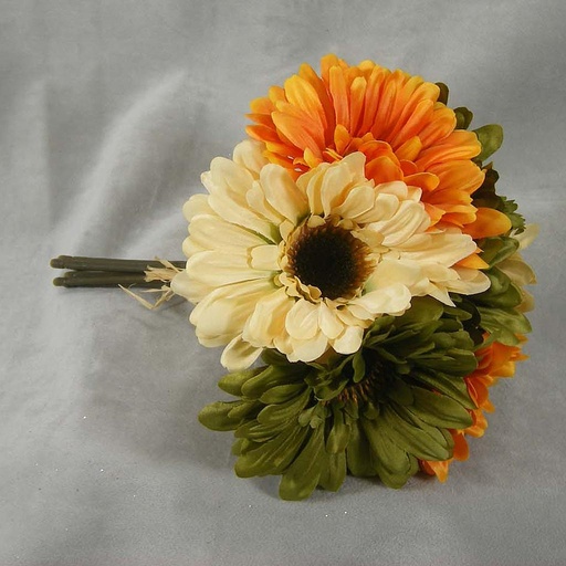 [SEF27-GOB] GERBERA BUNDLEx7 W/RAFFIA 9.25"  GREEN/ORANGE/BEIGE