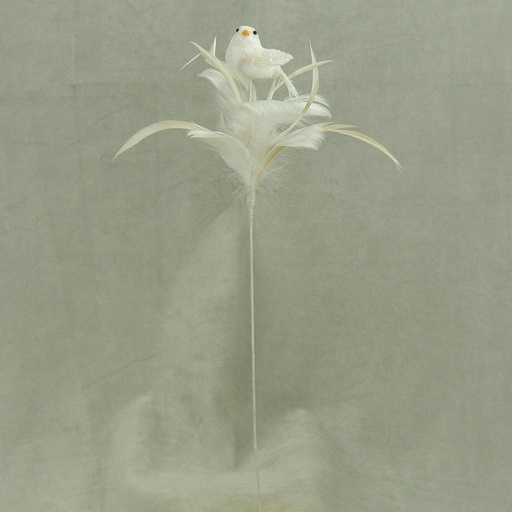 [SJ3108-WHT] BIRD 3" W/FEATHERS & PIC WHITE 16" O.A.L