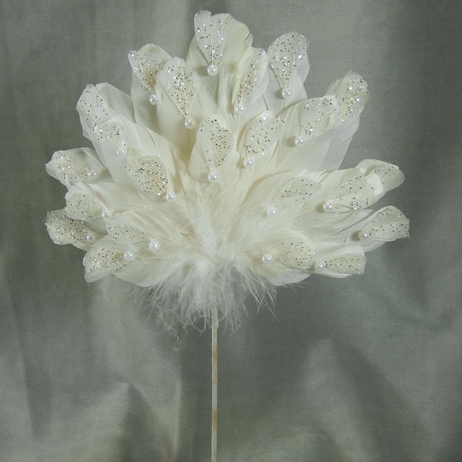 [SJ3115] FAN FEATHER 9" X 6" WHITEw/PRLS 16.5" O.A.L.