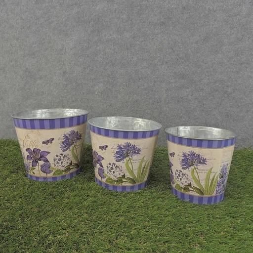 [SR6059-PUR] PLANTER TIN 3/SET W/LINERS CLEMATIS PRINT