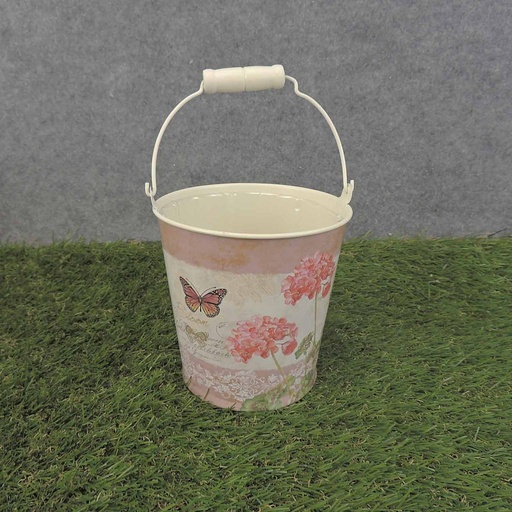 [SR6062S-BLM] PAIL W/HNDL 4.75"x4.75" w/LINER PINK GERANIUM PRT