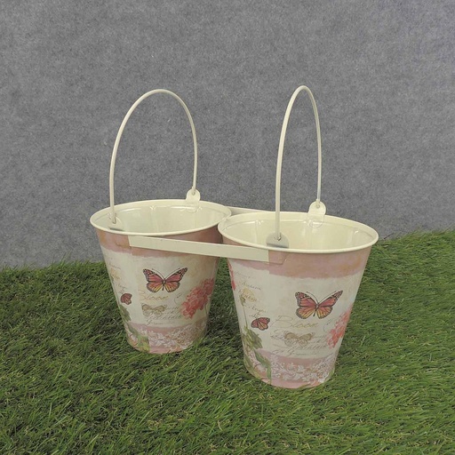 [SR6066-BLM] PLANTER TIN 2 PLANTERS 10x5"    PINK GERANIUM PRNT  BLOOM
