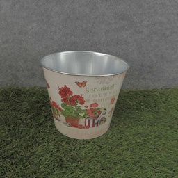 [SR6068-GER] PLANTER TIN 7 x 6&quot;    W/LINER RED GERANIUM PRNT