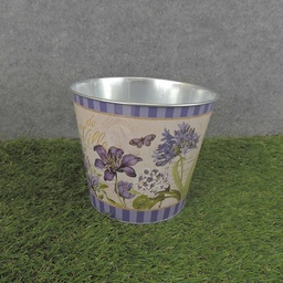 [SR6068-PUR] PLANTER TIN 7 x 6&quot;  W/LINER PURPLE CLEMATIS P