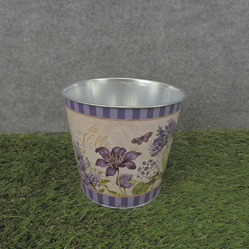 [SR6069-PUR] PLANTER TIN 5.25 x 5" W/LINER   CLEMATIS PRINT