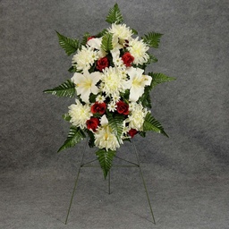 [WW-1242018A] PRE-MADE MEM SPRAY ARRANGEMENT W/EASEL   CREAM/RED