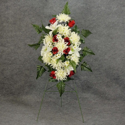 [WW-1242019A] PRE-MADE MEM SPRAY ARRANGEMENT W/EASEL   RED/CREAM