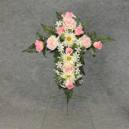 [WW5009E-PCM] ROSE/GERBERA CEMETERY CROSS 20&quot;  PINK/CREAM