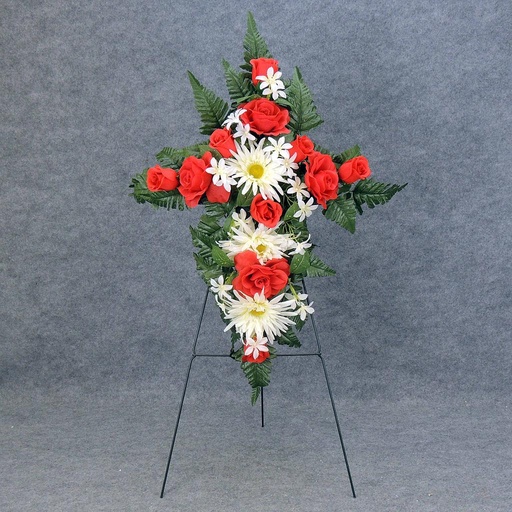 [WW5009E-RCM] ROSE/GERBERA CEMETERY CROSS 20"  RED/CREAM