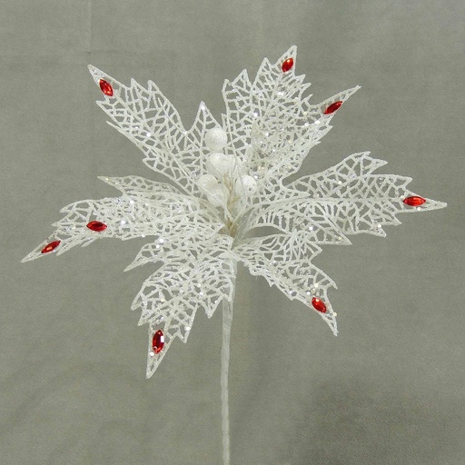 [X05005-WHT] POINSETTIA PICK W/JEWELS WHITE 8" HEAD