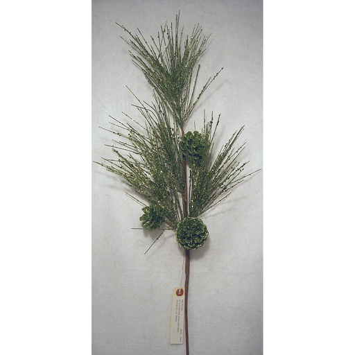[X82732-LGN] 32" GLITTER PINE SPRAY W/CONES  LIGHT GREEN