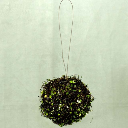 [XA309-GRN] BALL 5.5" TWIG W/SEQUINS GREEN ORNAMENT