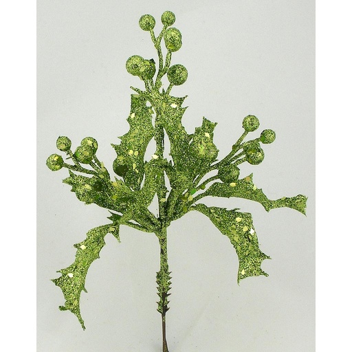 [XG26-GRN] HOLLY/BERRY GLITTER PICK 8"  GREEN