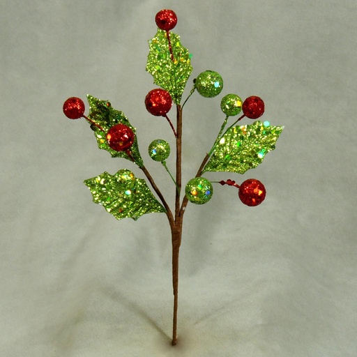 [XG363-RGN] HOLLY/BERRY PICK 8.5" GLITTER (12/BG) RED/GRN